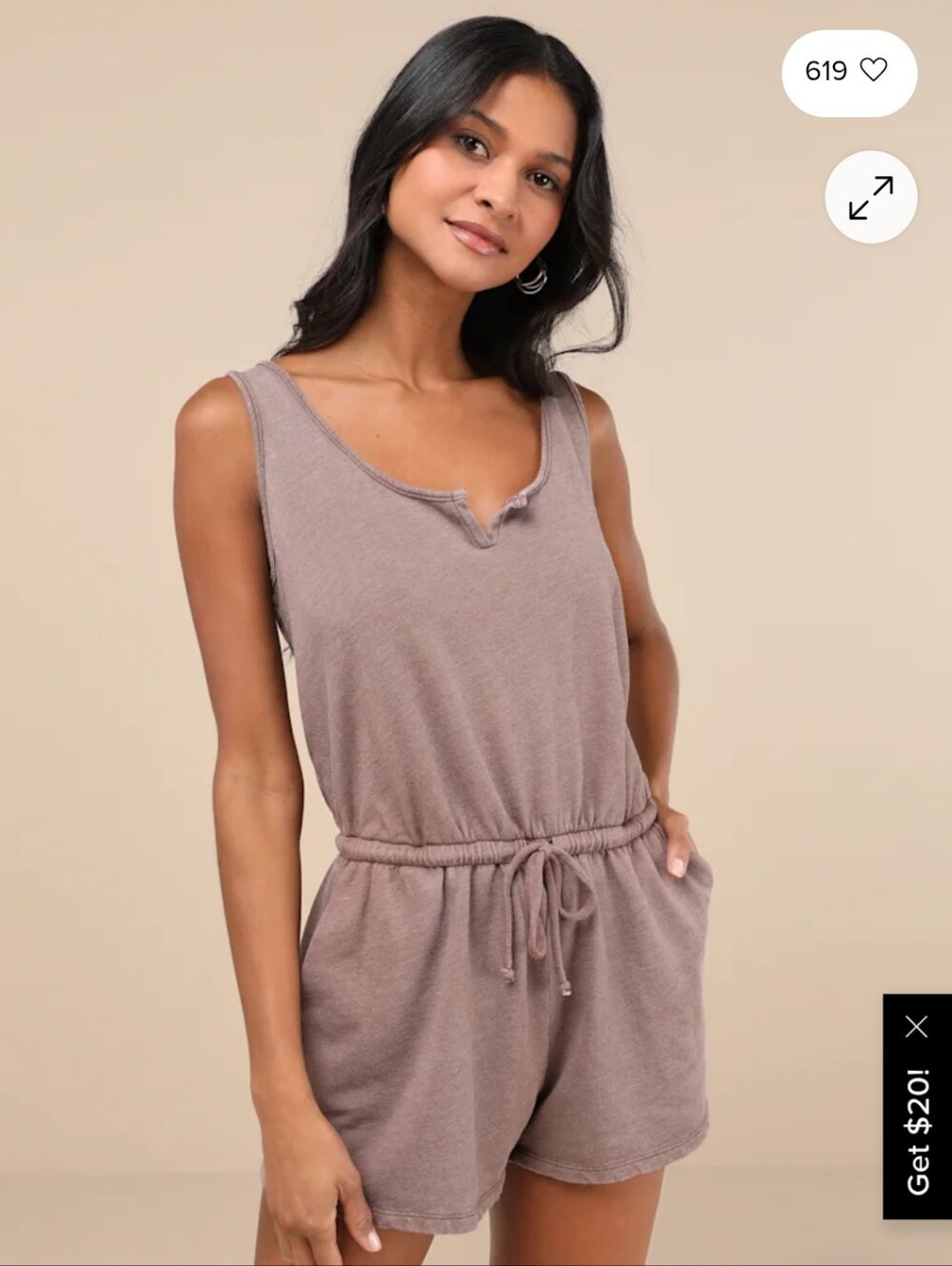 NWT Lulus Perfect Lazy Day Brown  Sleeveless Drawstring Lounge Romper XS